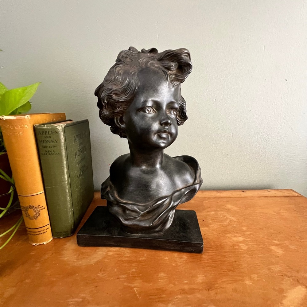 Resin Child Bust Sculpture In  Bronze Style Vintage Home Decor 15 Inch